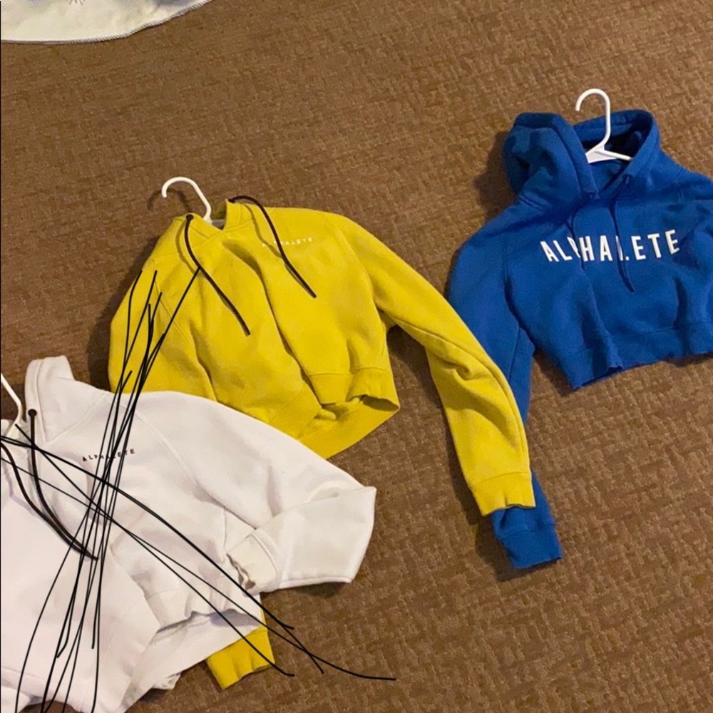 Alphelete cropped hoodies in yellow, blue,  white